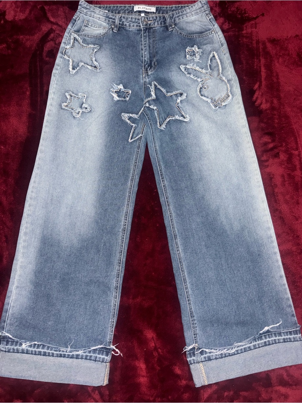 Playboy Women's Wide-Leg Blue Denim Jeans Distressed Star Bunny Patch Size 13